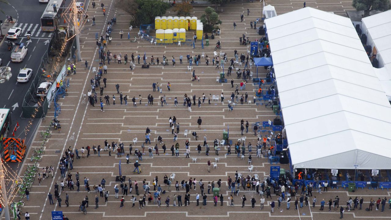 People queue outside a Covid-19 mass vaccination center at Rabin Square in this aerial photograph taken in Tel Aviv on January 4, 2020.