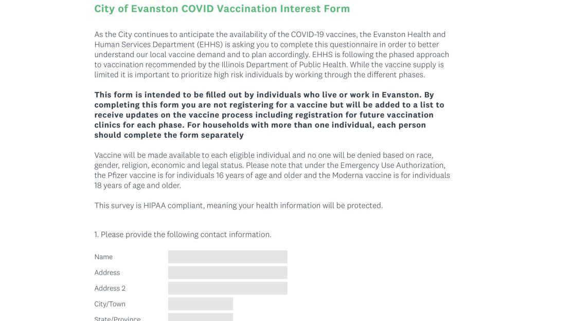 Screengrab of the Covid-19 vaccination form for the City of Evanston. 