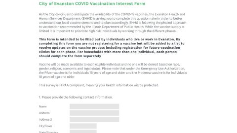 Screengrab of the Covid-19 vaccination form for the City of Evanston.