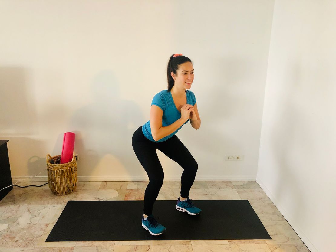 Correct form: Push your hips and knees back to get in a squat stance; land your jump with knees softly bent.