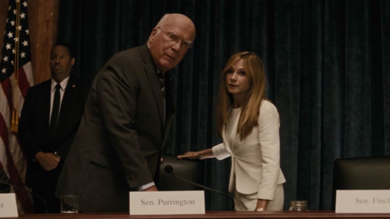 Leahy, shown here with actor Holly Hunter, aptly portrayed a senator in "Batman v. Superman: Dawn of Justice."
