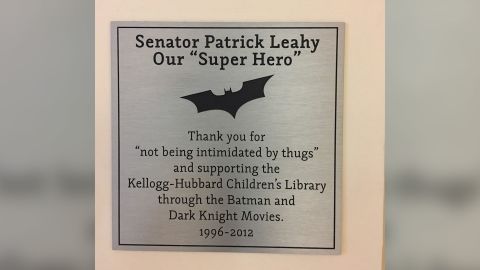 A plaque for Leahy hangs in the Kellogg-Hubbard library, a public library in his hometown of Montpelier, Vermont.