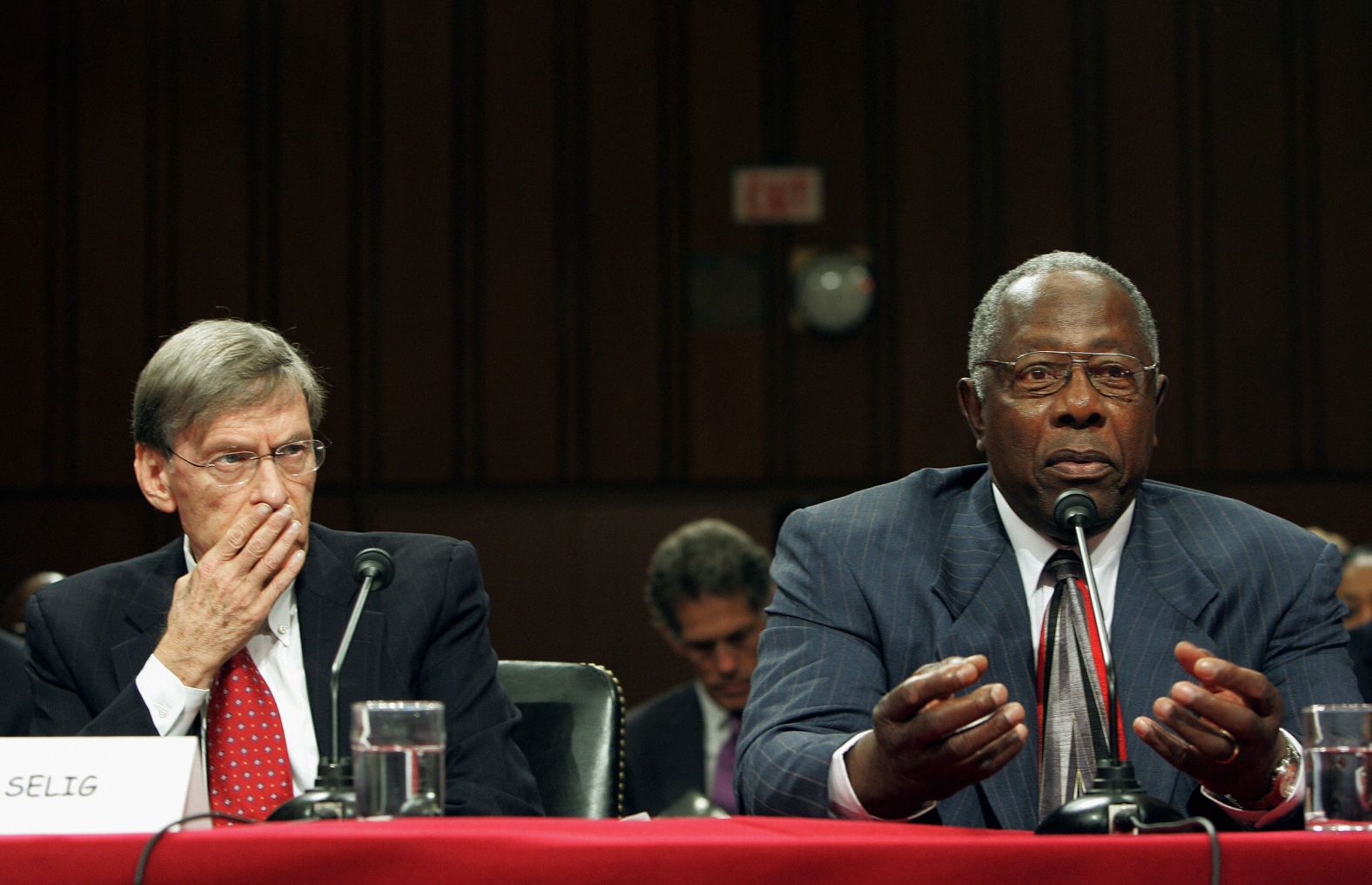 Major League Baseball Commissioner Bud Selig listens to Aaron testify to a Senate committee about the Clean Sports Act and the Professional Sports Integrity and Accountability Act in 2005.