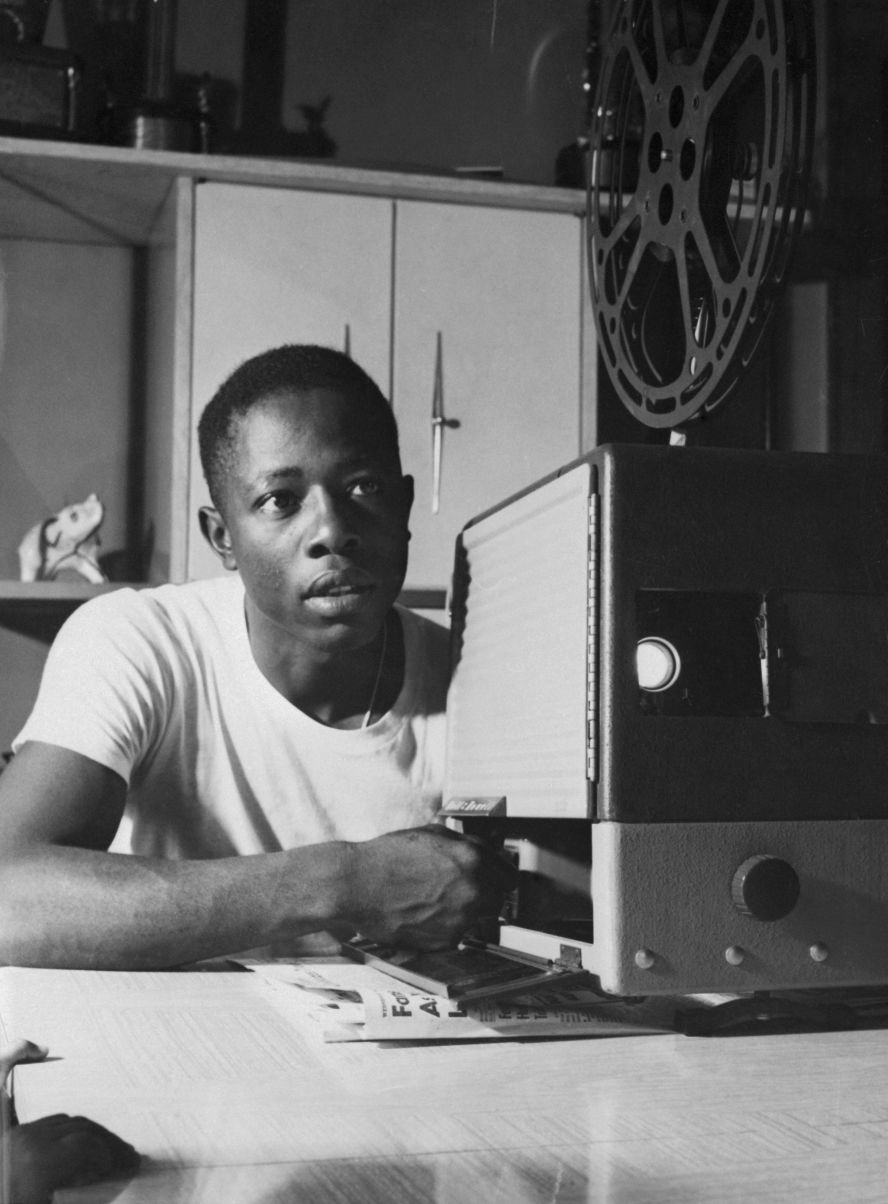 Aaron uses film to study his batting in 1959.