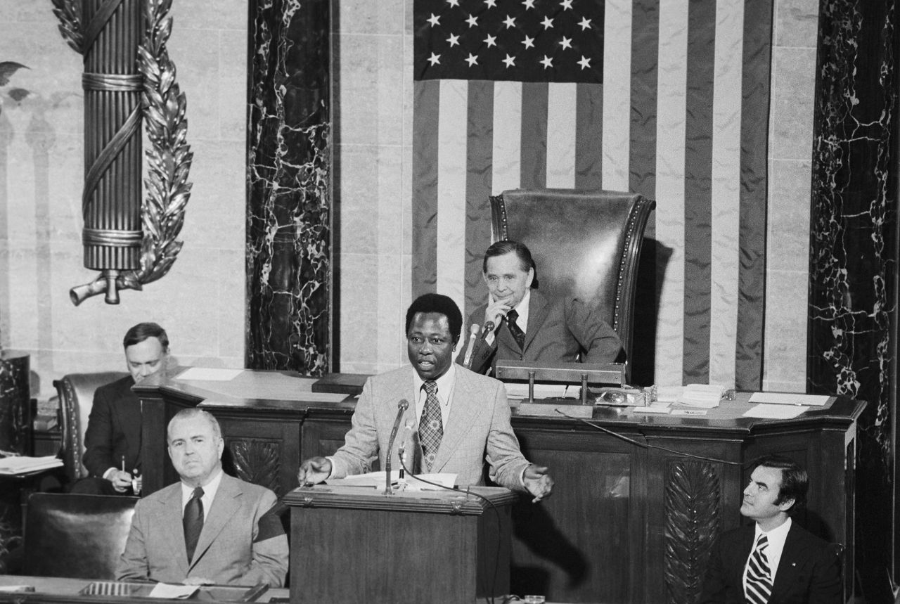 Aaron takes part in Flag Day ceremonies on the floor of the US House of Representatives in 1974.