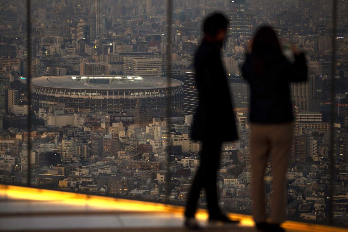 Japan National Stadium, where opening ceremony and many other events are planned for postponed Tokyo 2020 Olympics, is seen from a rooftop observation deck on January 21 in Tokyo.