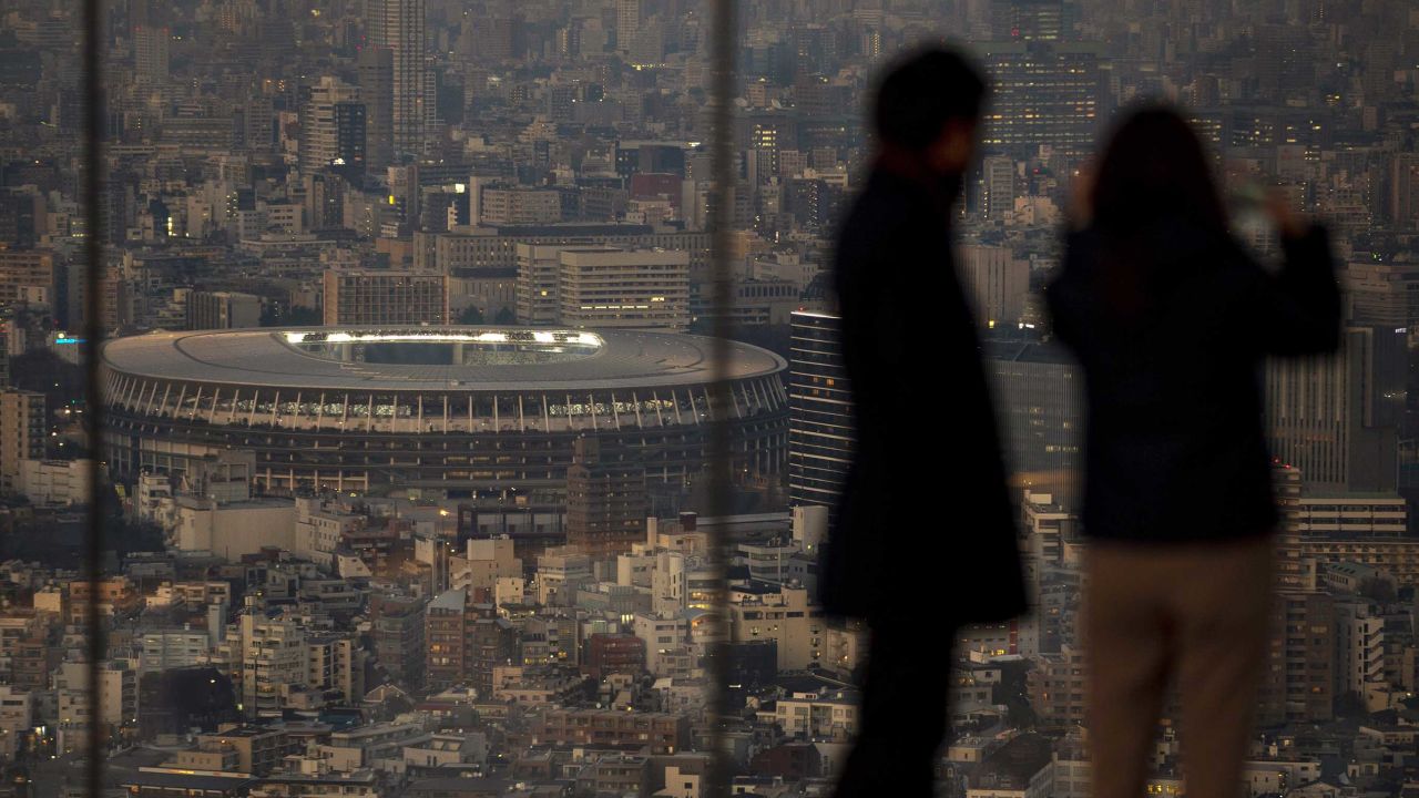 Japan National Stadium, where opening ceremony and many other events are planned for postponed Tokyo 2020 Olympics, is seen from a rooftop observation deck on January 21 in Tokyo.