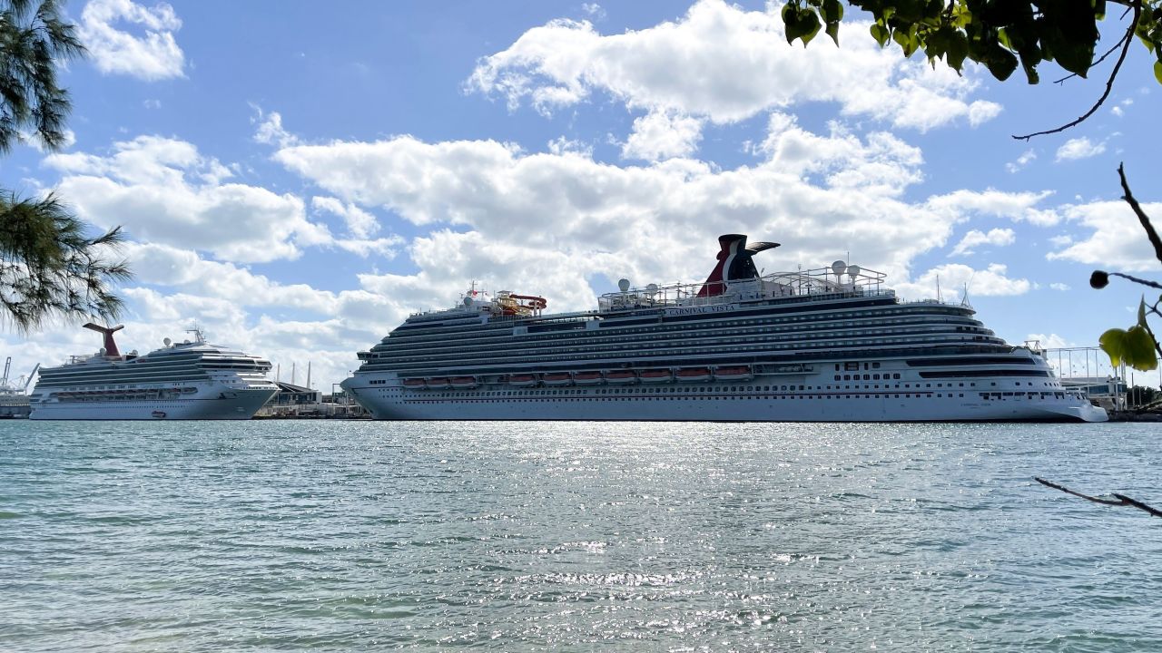 Out of action Carnival cruise ships docked in Miami, Florida in December 2020.