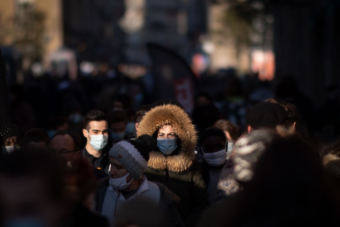 People wearing face masks in Rennes, western France.