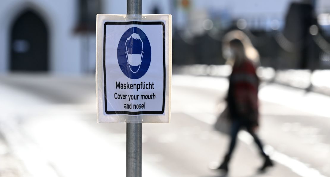 A sign mandating mask-wearing in the city of Fuerstenfeldbruck, southern Germany.