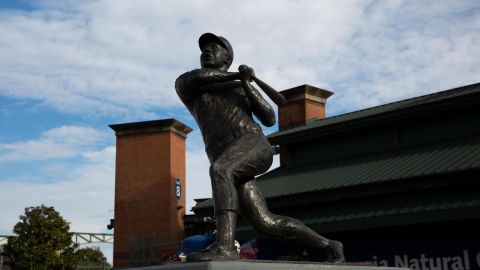 The original Hank Aaron statue stands at Center Parc Credit Union Stadium, what used to be Turner Field, in Atlanta, Georgia, on January 22, 2021.
