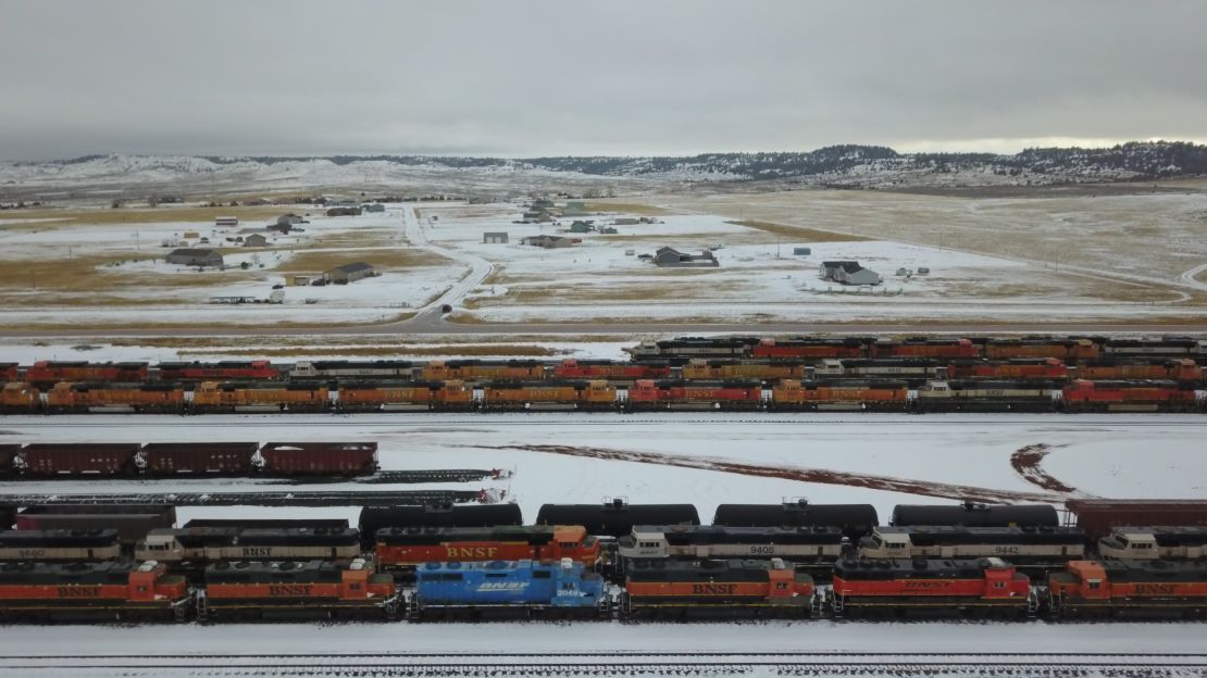 Hundreds of train engines, used to transport coal, are parked in a train yards near Gillette, Wyoming.