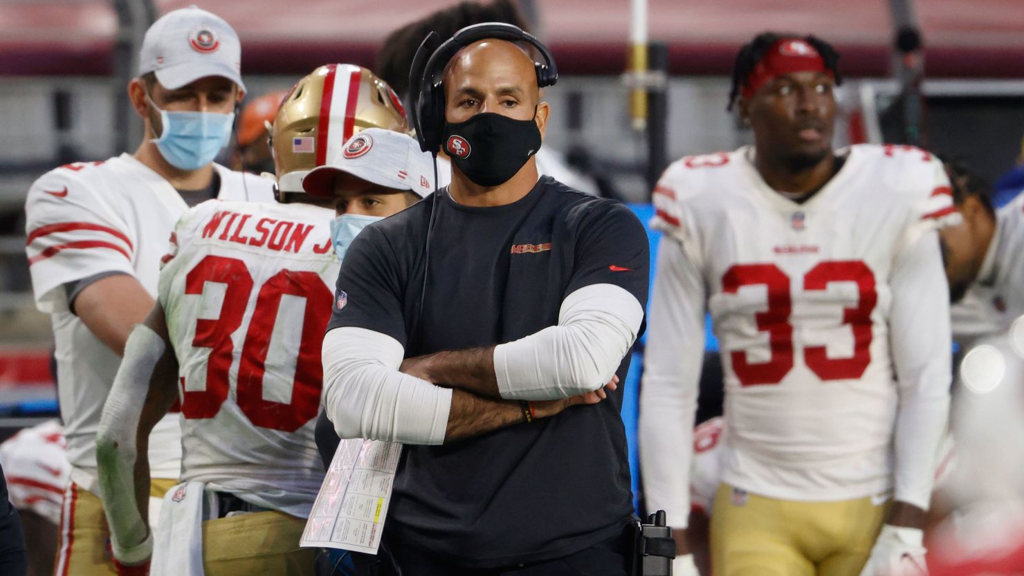 Robert Saleh, former defensive coordinator for the San Francisco 49ers, looks on during a game against the Arizona Cardinals at State Farm Stadium on December 26, 2020 in Glendale, Arizona. 