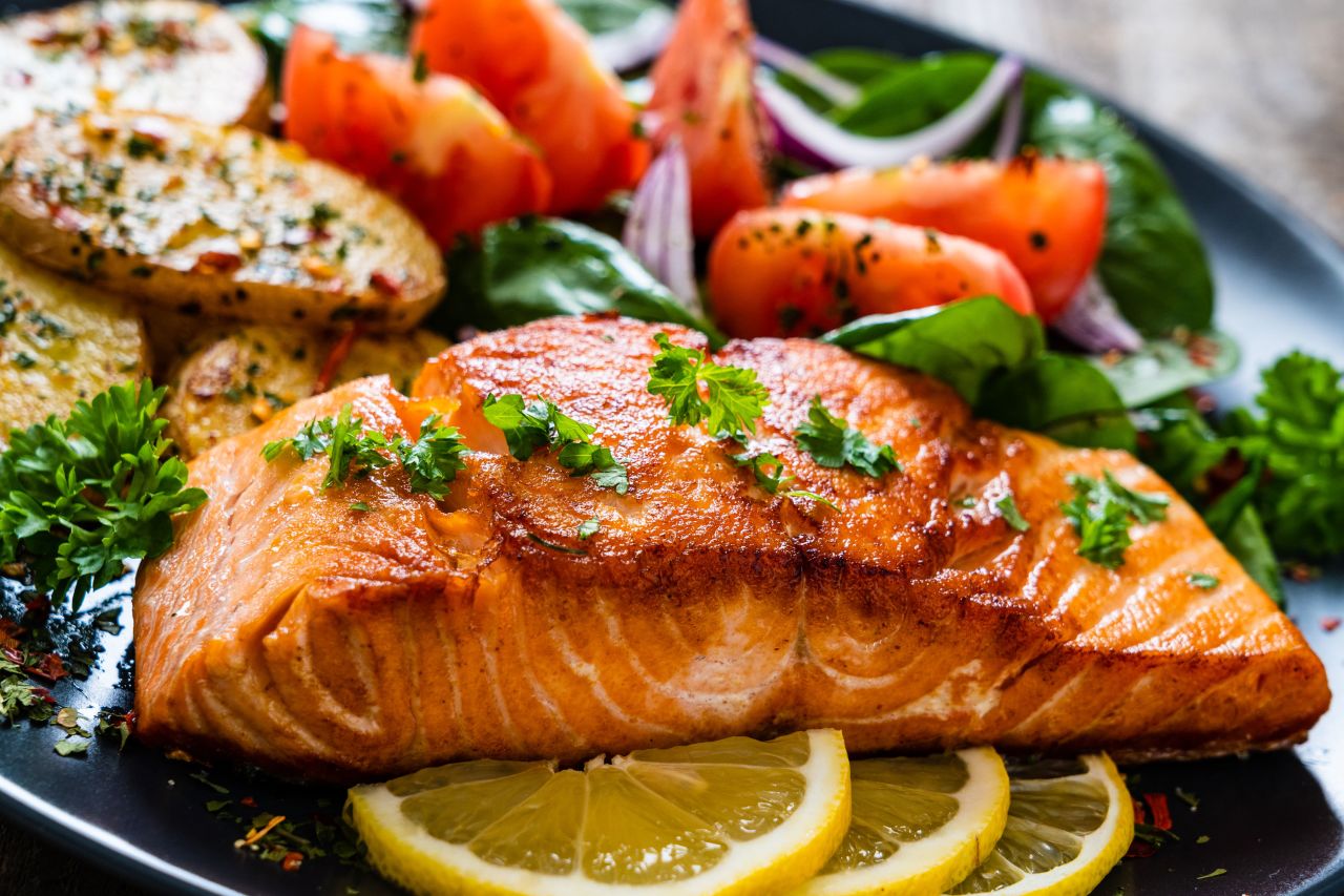 Grilled salmon is a rich source of stress-busting omega-3 fatty acids.