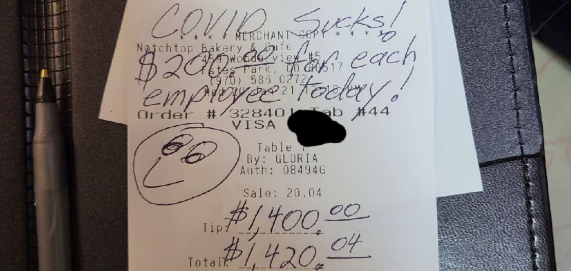 The customer, who'd only been to the restaurant once before, wrote the message "Covid Sucks!" on the receipt.