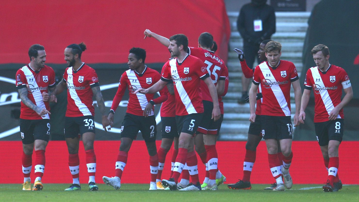 Southampton players celebrate taking the lead against Arsenal. 