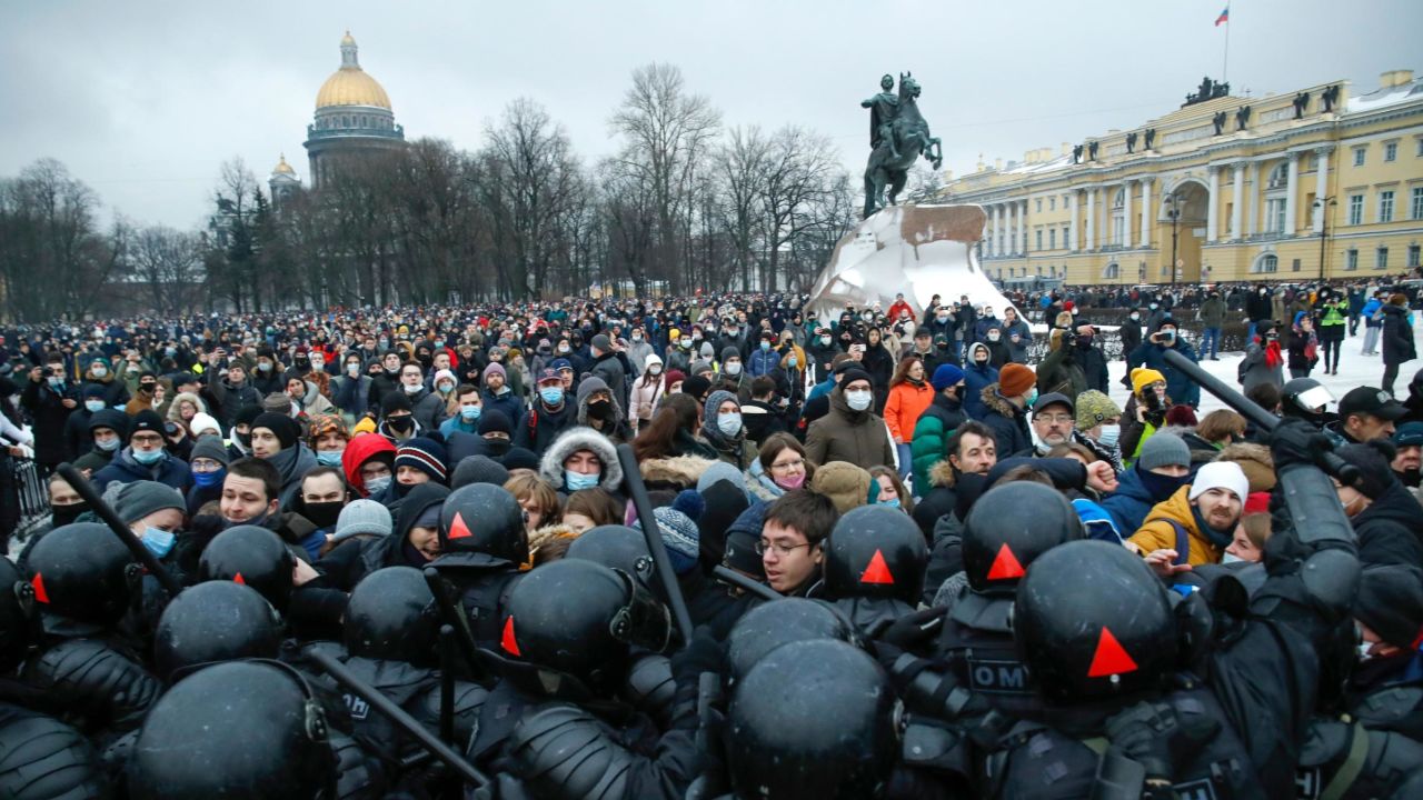 People clash with police during a protest against the jailing of Navalny in St. Petersburg, Russia, on January 23, 2021.