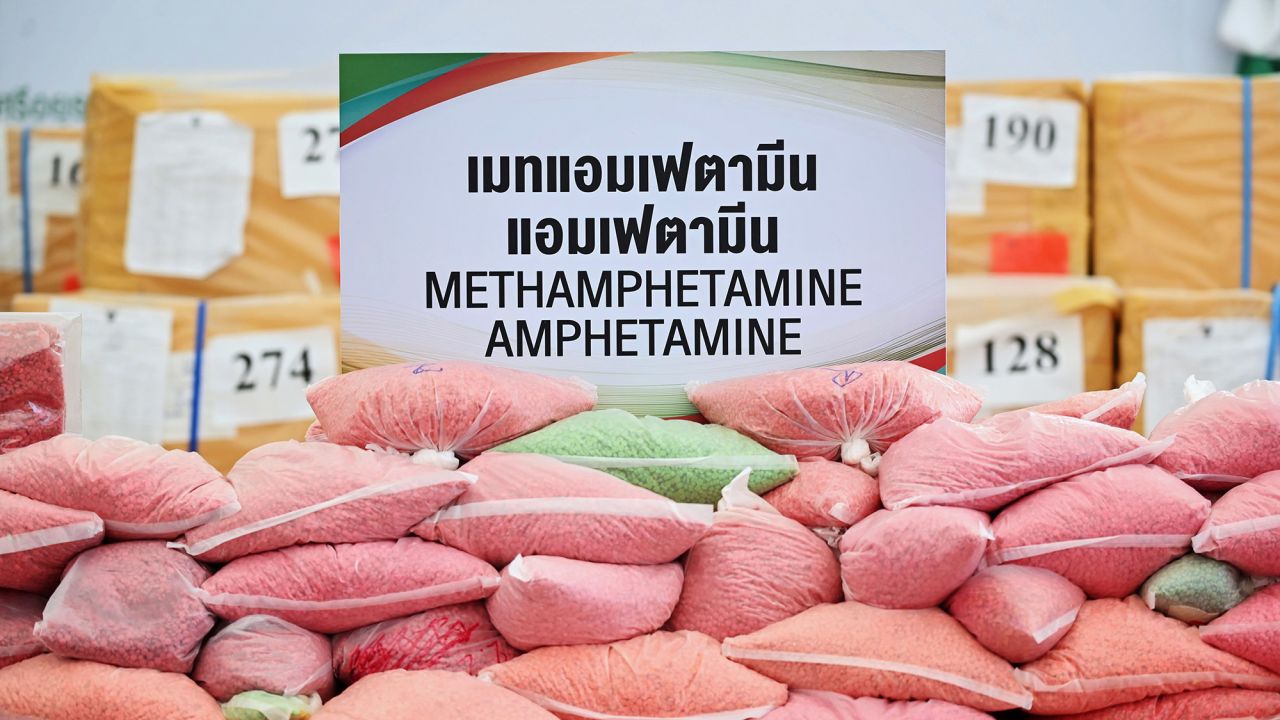 Methamphetamine pills are displayed as some of 25 tons of narcotics confiscated from court cases were to be incinerated to mark the United Nations' "International Day against Drug Abuse and Illicit Trafficking" in this file photograph from Thailand in 2020.