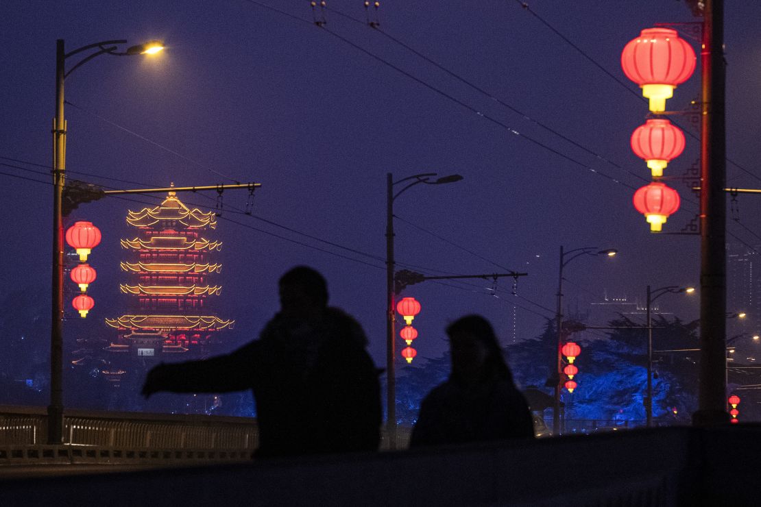 Red lanterns are hung around Wuhan's Yellow Crane Tower for the upcoming Lunar New Year.