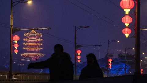 Red lanterns are hung around Wuhan's Yellow Crane Tower for the upcoming Lunar New Year.