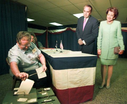 Dole and his wife, Elizabeth, watch election judge Fara Popp place their ballots into the ballot box in Russell, Kansas, in 1996.
