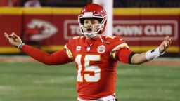 KANSAS CITY, MISSOURI - JANUARY 24: Patrick Mahomes #15 of the Kansas City Chiefs celebrates in the fourth quarter against the Buffalo Bills during the AFC Championship game at Arrowhead Stadium on January 24, 2021 in Kansas City, Missouri. (Photo by Jamie Squire/Getty Images)