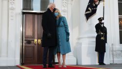 US President Joe Biden and First Lady Dr. Jill Biden embrace at the White House after Biden's inauguration on January 20, 2021 in Washington, DC. Biden became the 46th president of the United States earlier today during the ceremony at the U.S. Capitol.