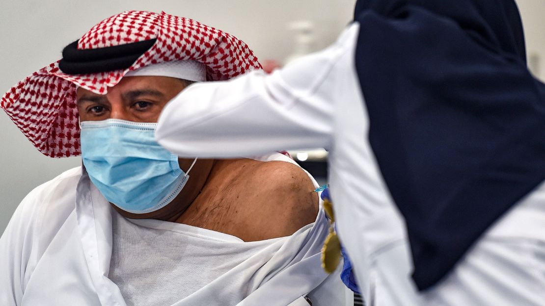The first Saudi citizen receiving the Pfizer-BioNTech coronavirus vaccine in Riyadh in December 2020.