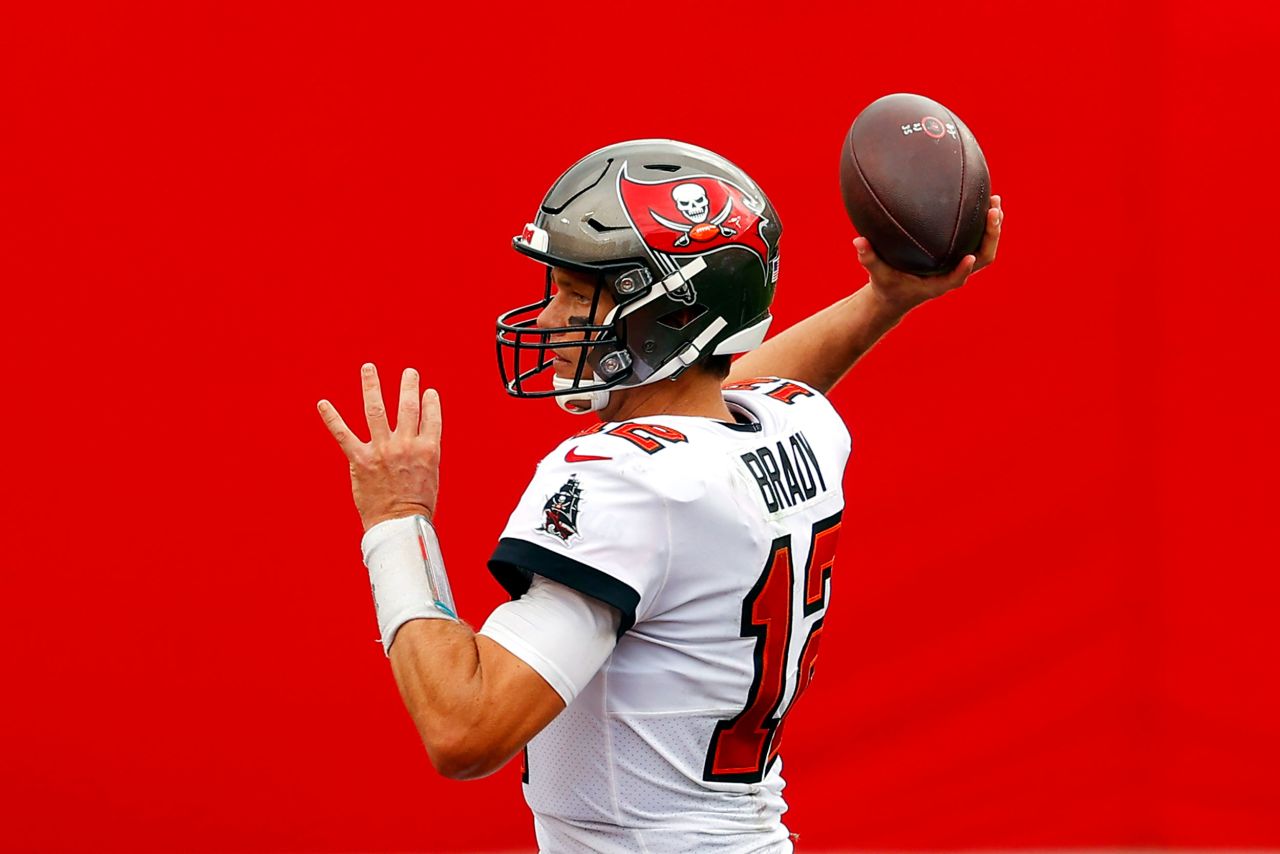 Brady throws a pass during a game against Carolina in September 2020. Brady finished the regular season with 40 touchdown passes and 12 interceptions as the Buccaneers went 11-5.