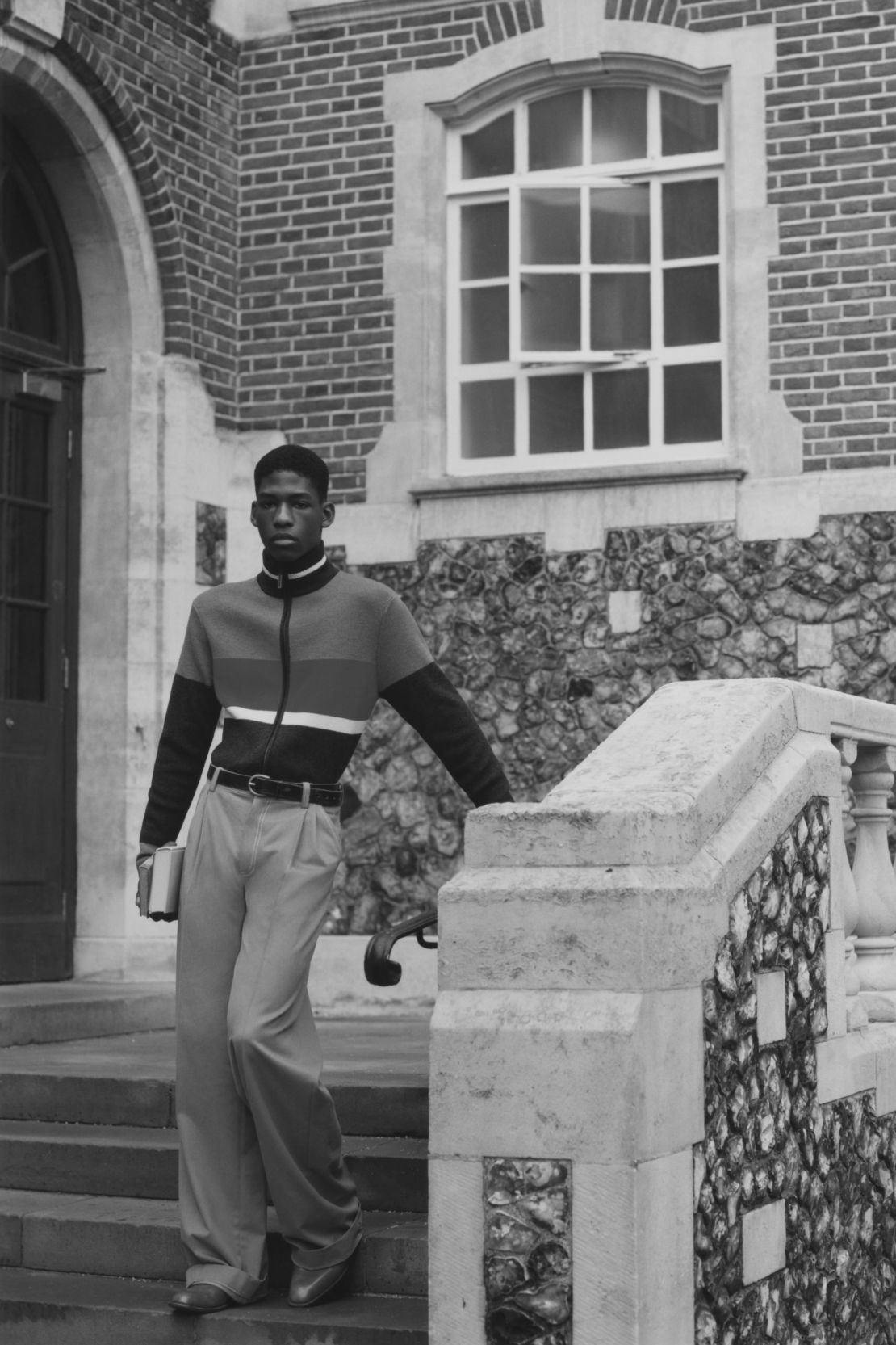 A look from the most recent Wales Bonner collection, inspired by postcolonial intellectuals from Caribbean and Africa, as well as India, who immigrated to England in the 1980s. 