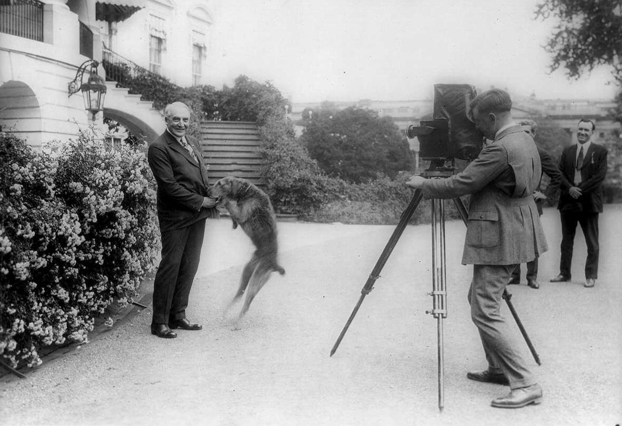 Warren G. Harding and his dog Laddie Boy are photographed in front of the White House in 1922. Laddie Boy was an Airedale terrier.