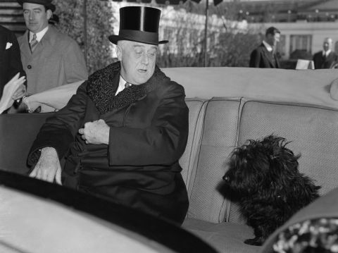 President Franklin D. Roosevelt is joined by Fala, his Scottish terrier, before going to his inauguration in 1941. Roosevelt had to break the news to Fala that he would not be attending the ceremonies.