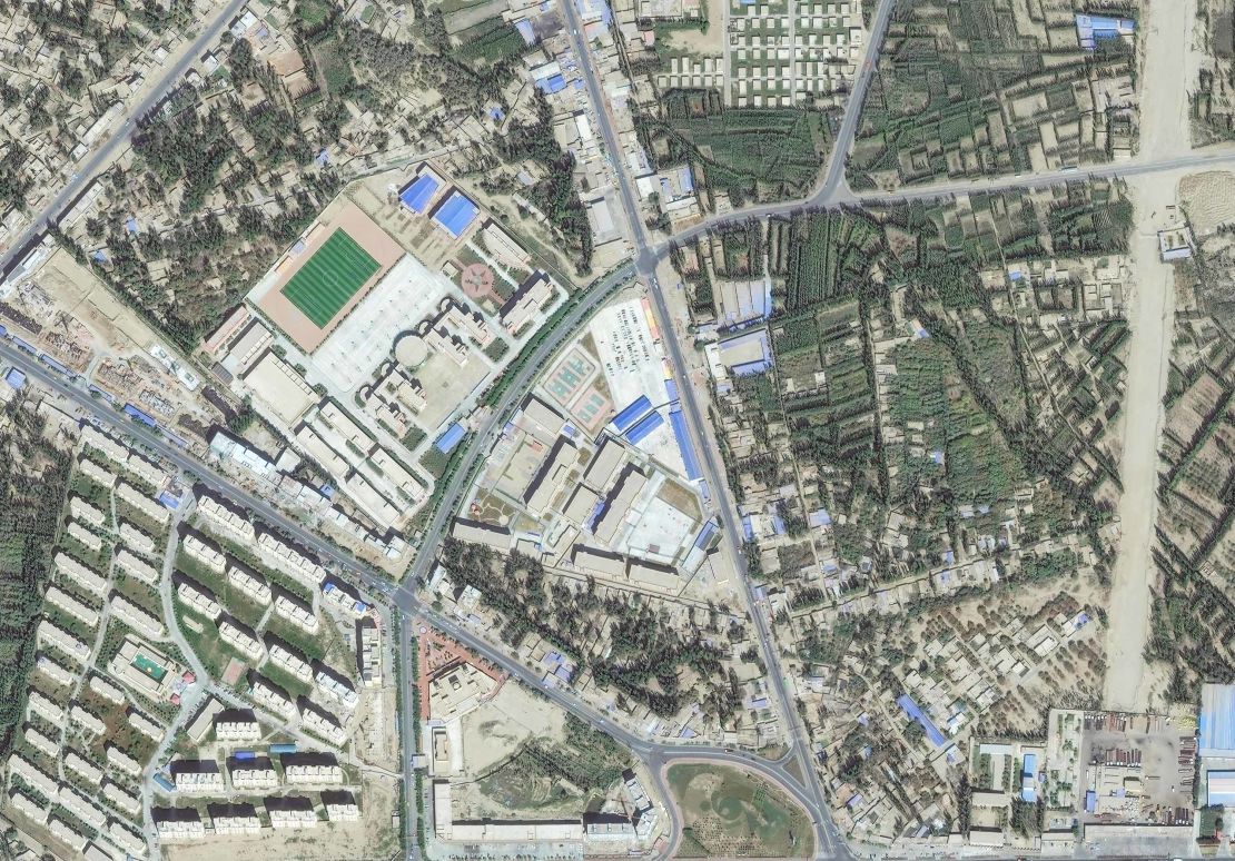 Maxar satellite imagery of a re-education internment camp in
Hotan, Xinjiang, China.