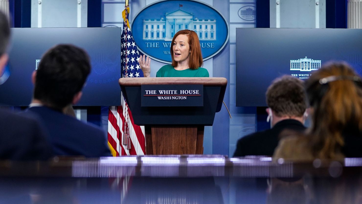 White House press secretary Jen Psaki speaks at the daily press briefing Monday.