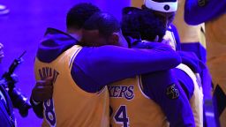 LOS ANGELES, CA - JANUARY 31: LeBron James #23 and Anthony Davis #3 of the Los Angeles Lakers hug during Los Angeles Lakers pregame ceremony to honor Kobe Bryant before the game against the Portland Trail Blazers at Staples Center on January 31, 2020 in Los Angeles, California. NOTE TO USER: User expressly acknowledges and agrees that, by downloading and/or using this Photograph, user is consenting to the terms and conditions of the Getty Images License Agreement. (Photo by Kevork Djansezian/Getty Images)