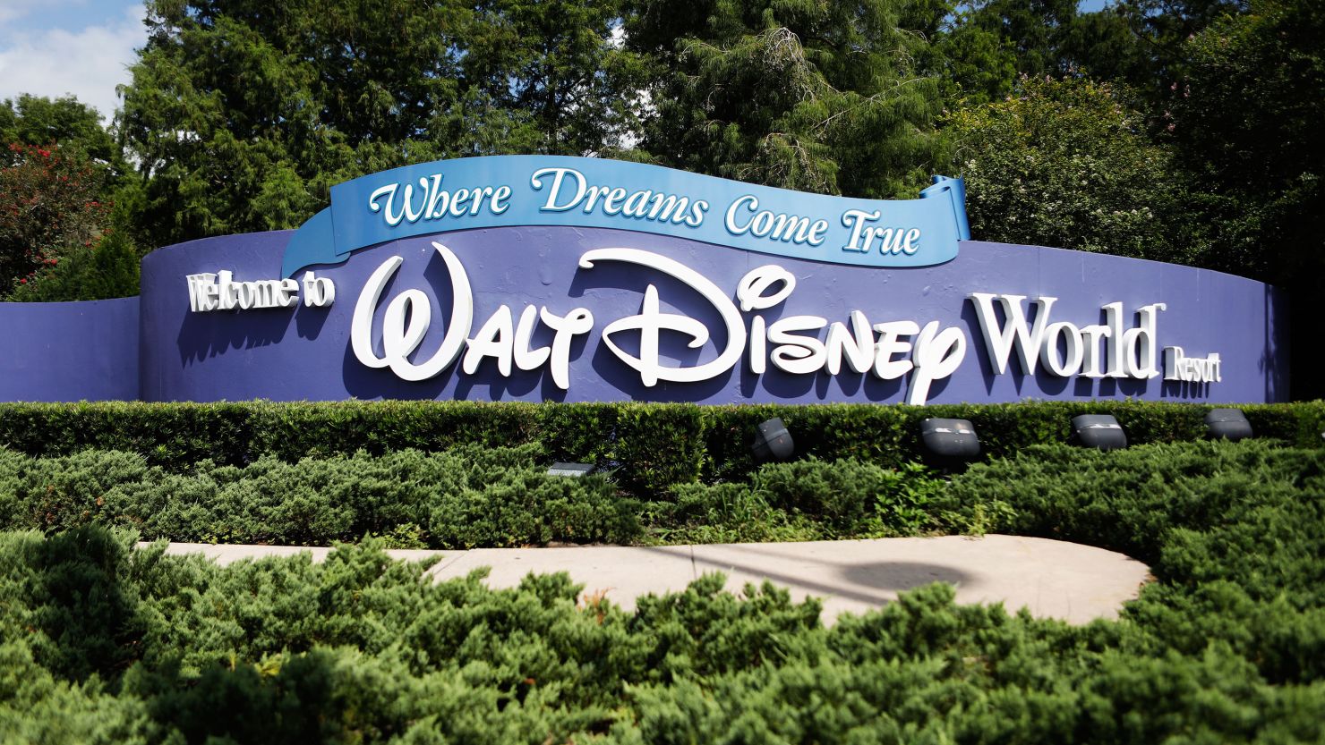LAKE BUENA VISTA, FL - JULY 09: A view of the Walt Disney World theme park entrance on July 9, 2020 in Lake Buena Vista, Florida. The theme park is scheduled to reopen on Saturday despite a surge in new Covid-19 infections throughout Florida, including the central part of the state where Orlando is located. (Photo by Octavio Jones/Getty Images)