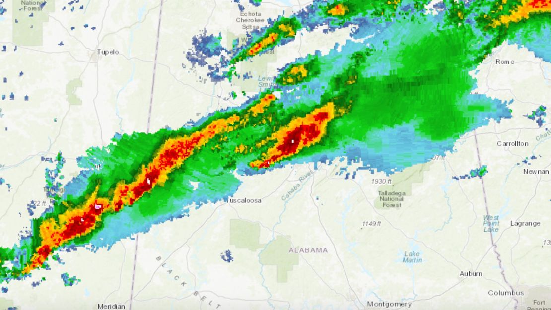 A line of storms brought severe weather from Alabama to Georgia.