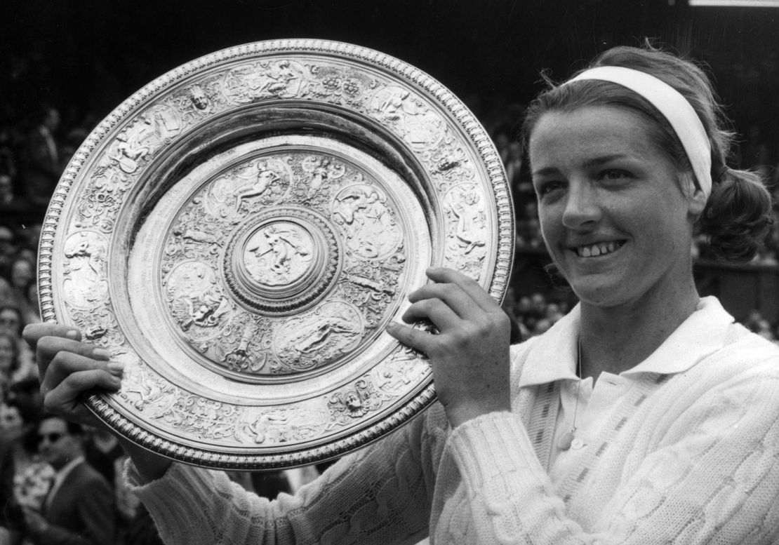Smith, the Ladies Wimbledon Champion for 1963, poses with the trophy after defeating Billie Jean Moffitt (Billie Jean King) in straight sets.