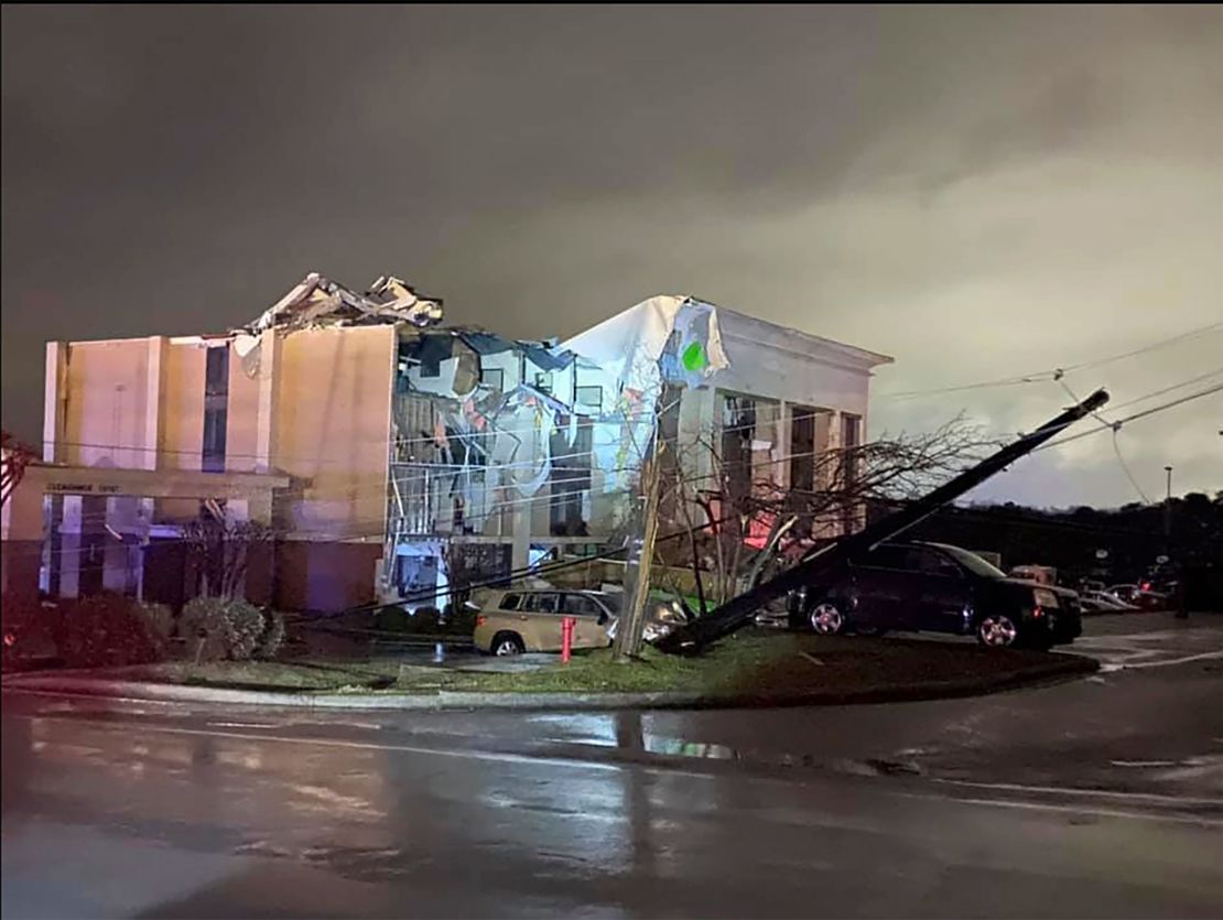 A Hampton Inn hotel is severely damaged after a tornado tore through Fultondale, Alabama.
