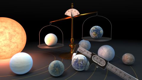 This illustration shows the metaphorical measuring of the density of each of the seven planets in the nearby TRAPPIST-1 system. New measurements have revealed the most precise densities yet for these planets and they're very similar -- which means they also likely have similar compositions. 