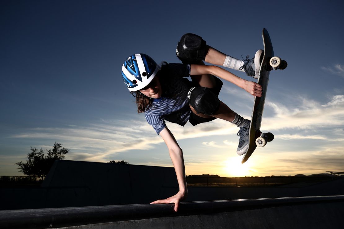 14-year-old Olympic hopeful skateboarder Minna Stess trains at a skatepark in Napa, California.