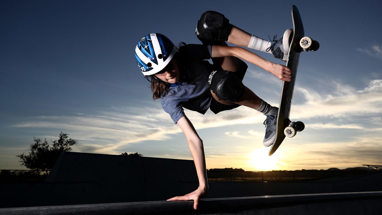 14-year-old Olympic hopeful skateboarder Minna Stess trains at a skatepark on June 3 2020 in Napa, California. Stess hopes to make the U.S. Olympic team in skateboarding, which will make its debut at the Olympics in Tokyo in 2021, after the Games were postponed this summer due to COVID-19.