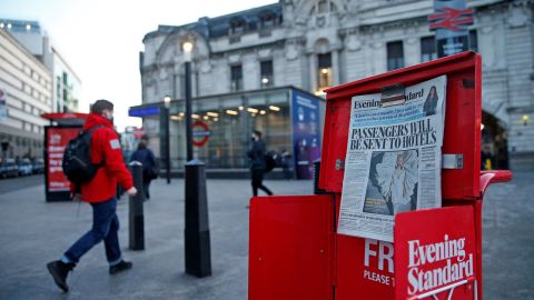 A newspaper stand outside London's Victoria train station on January 25, 2021. 