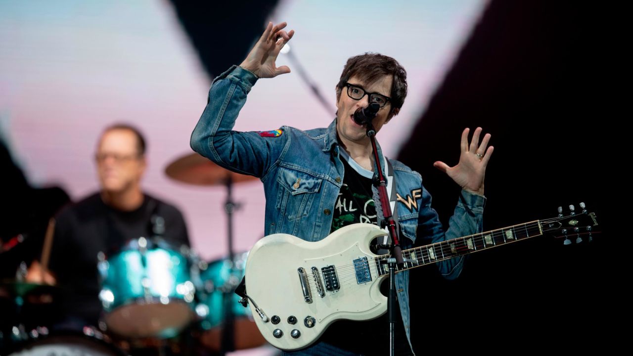 Rivers Cuomo of Weezer performs during the Rock in Rio festival at the Olympic Park in Rio de Janeiro on September 28, 2019.