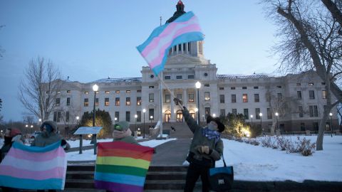 A group of LGBTQ advocates gathered outside the South Dakota Capitol in Pierre to protest a bill that would have banned people from updating the sex on their birth certificates.