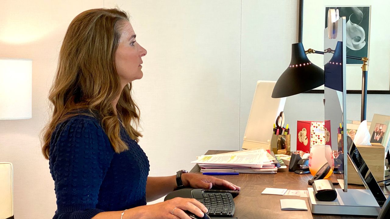 Melinda Gates works from home during quarantine in 2020.
