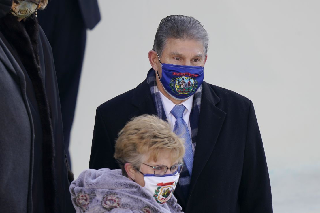 Sen. Joe Manchin, here at President Biden's inauguration, represents West Virginia in Congress and on his mask.