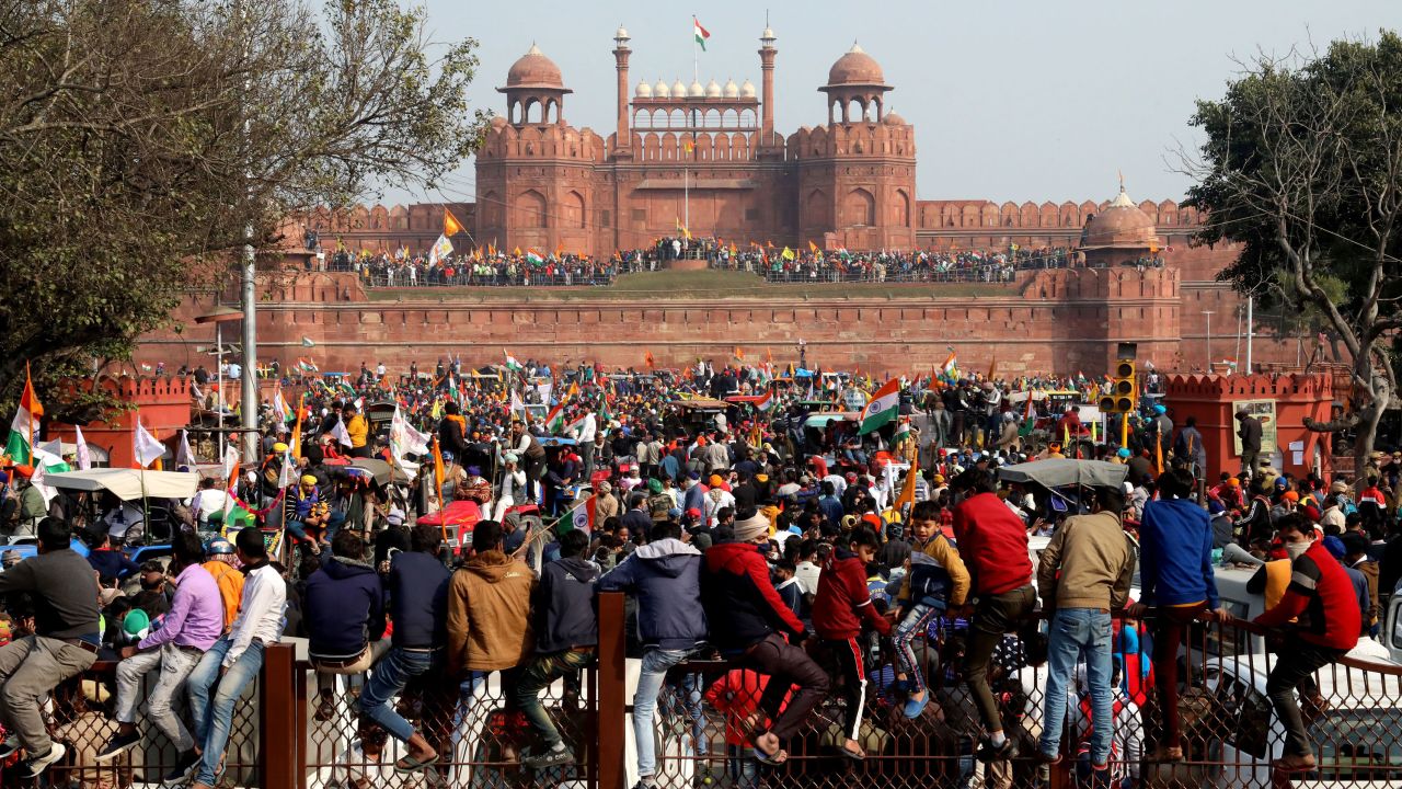Protesters gather at the Red Fort in New Delhi during a demonstration against agricultural reforms in India, on January 26, 2021. 