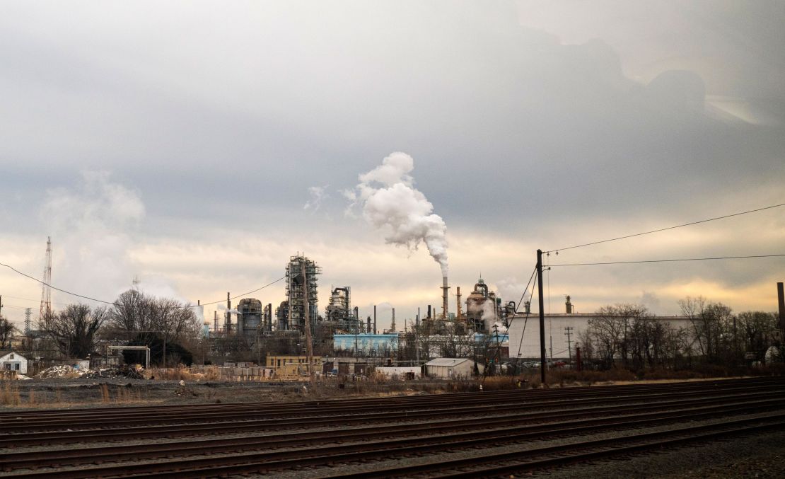 Industrial pollution pours from an oil refinery on January 8, 2021 near New Castle, Delaware.