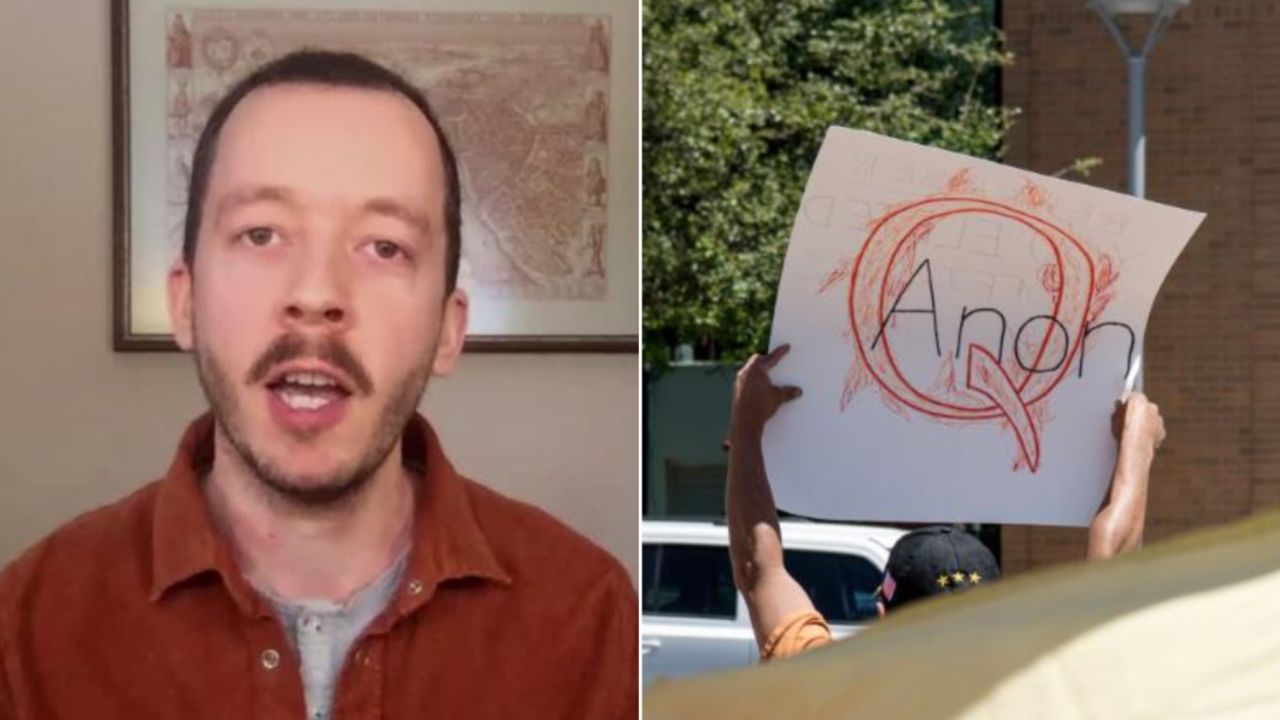 New York Times editor Stuart Thompson screen grab split with EL PASO, TX - APRIL 25: A protestor holds a  sign referencing the QAnon conspiracy theory outside the El Paso County Court House during a rally calling for the reopening of El Paso and Texas on April 25, 2020 in El Paso, Texas. Governor Greg Abbott has said he is consulting with medical professionals to create a plan to safely reopen the Texas and is expected to make an announcement in the coming days. (Photo by Cengiz Yar/Getty Images)